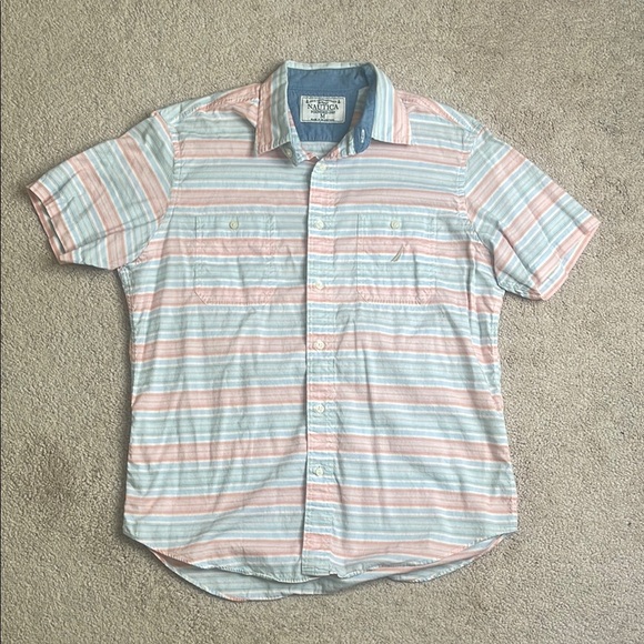 Nautica Casual Blue and Pink Striped Button Down Shirt - Picture 1 of 5